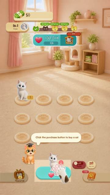 Late game board with ten of sixty cats collected