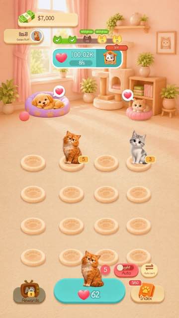 Manor room with a puppy bed, cat tree and level five cats