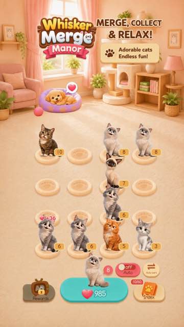 A busy board of level five and level eight cats earning hearts